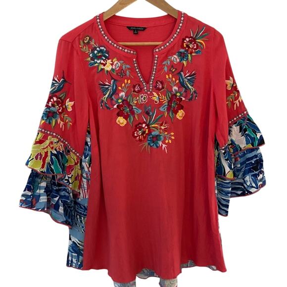 John Mark Floral Embroidered Split Neck Ruffled 3/4 Sleeve Tunic Red Size Small - Picture 2 of 10